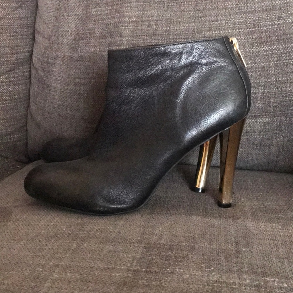 Tory Burch Black Leather Booties with Gold Heel